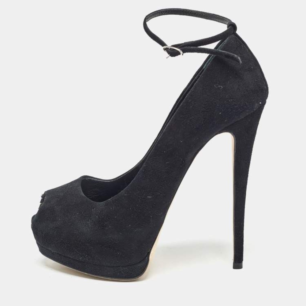 Giuseppe Zanotti Black Suede Peep Toe Platform Ankle Strap Pumps Size 35